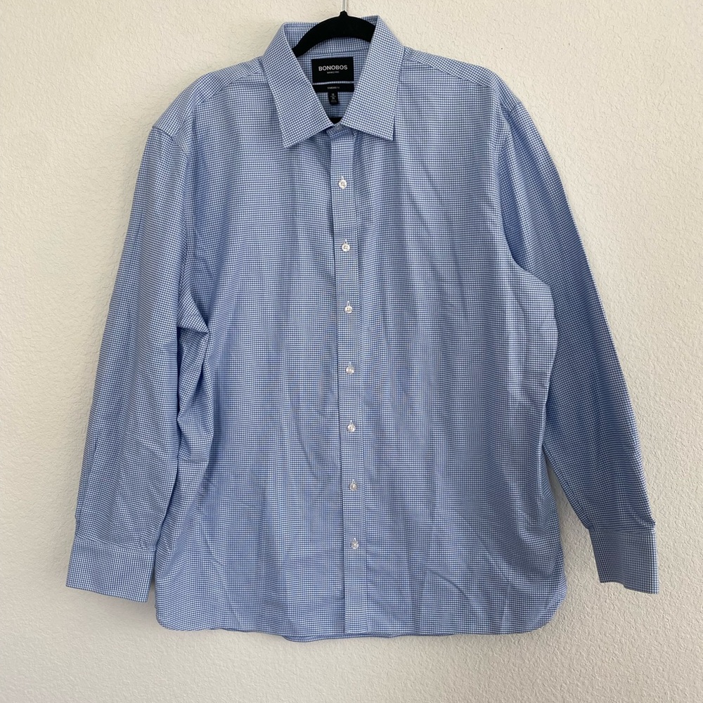 BONOBOS Wrinkle Free Standard Fit Long Sleeve Button Up Dress Shirt Blue White